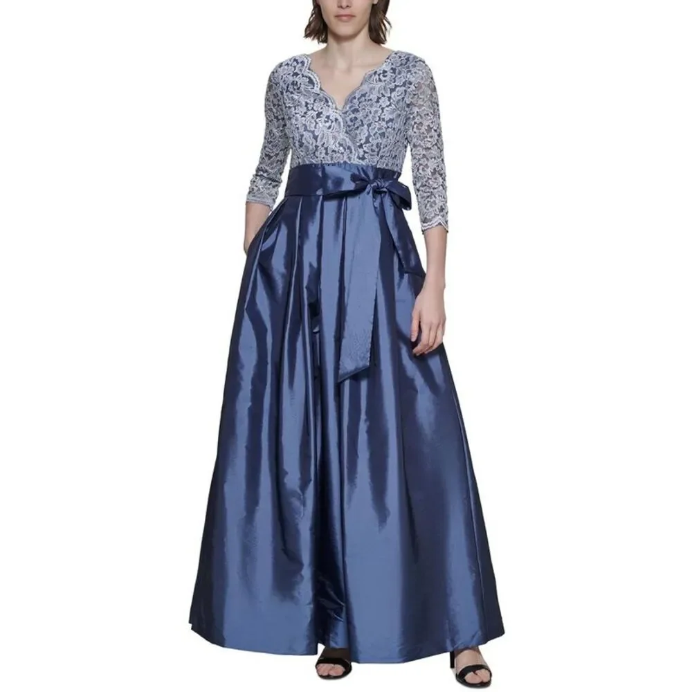 Jessica Howard Womens   Blue Lace Trim Belted Formal Evening Dress Gown NWT